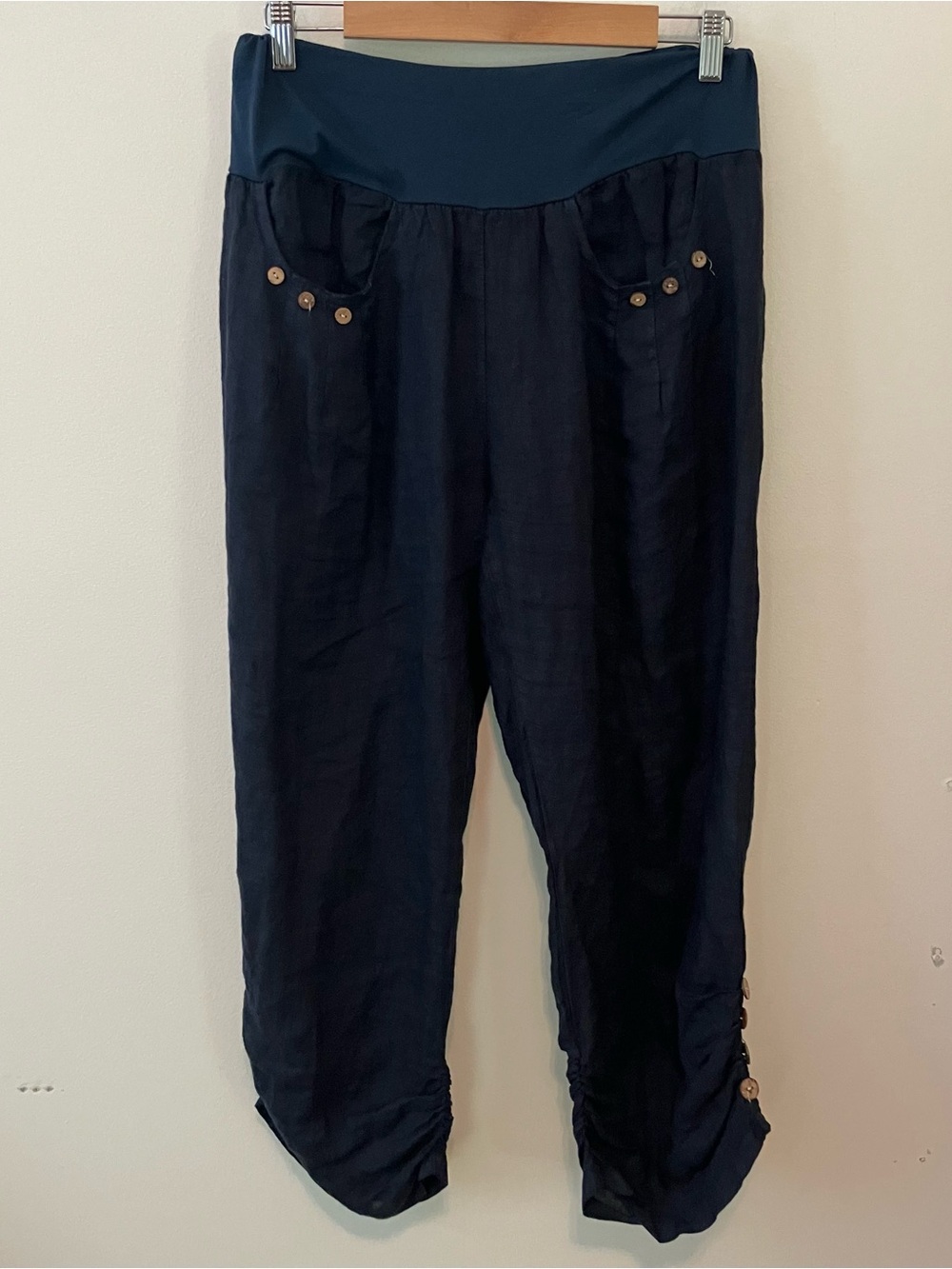 Tina Stephens Womens Georgia Side Ruched Pull-on Linen Pants Navy OS Lagenlook